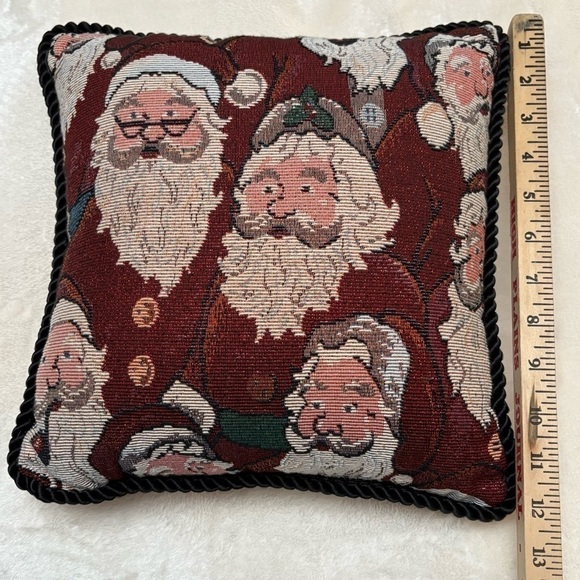 Santa Faces Pillow AOP Red White Green Metallic Thread Black Rope trim EUC - Picture 4 of 4